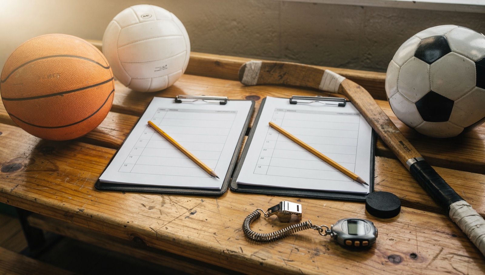 Clipboards with blank evaluation forms on a gym bench beside a basketball, volleyball, soccer ball and hockey stick