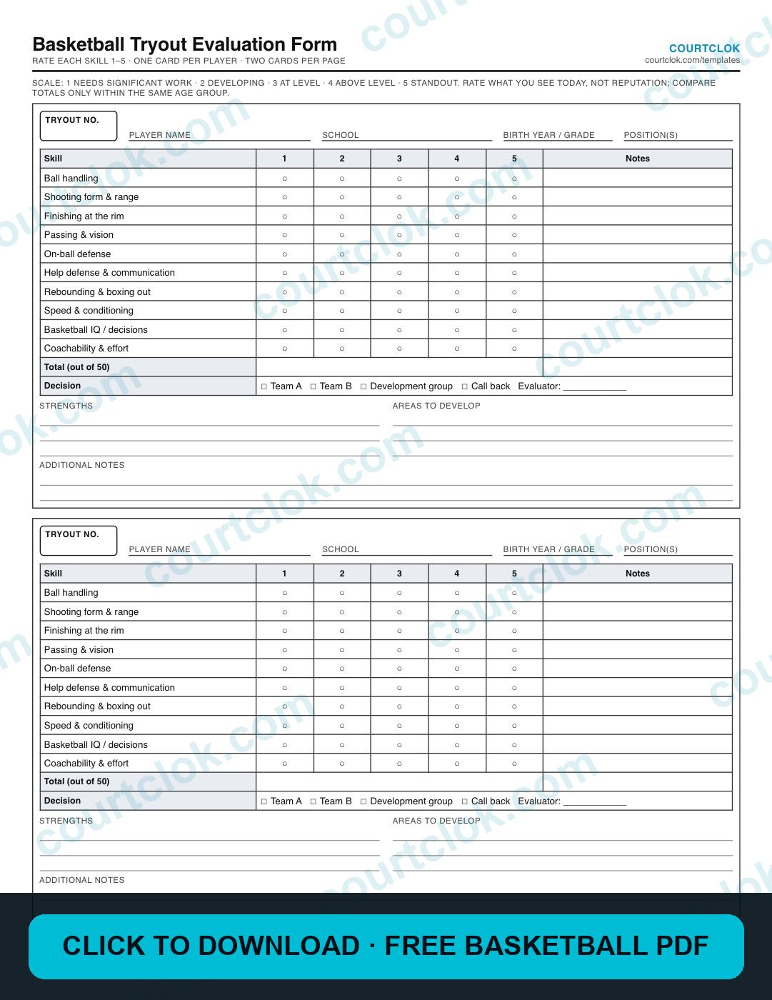 Basketball Tryout Evaluation Form (Free PDF) preview — click to download the free PDF