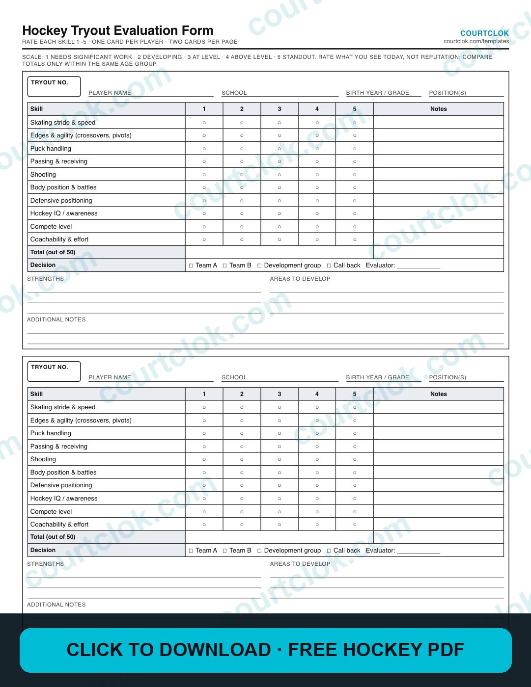 Hockey Tryout Evaluation Form (Free PDF) preview — click to download the free PDF