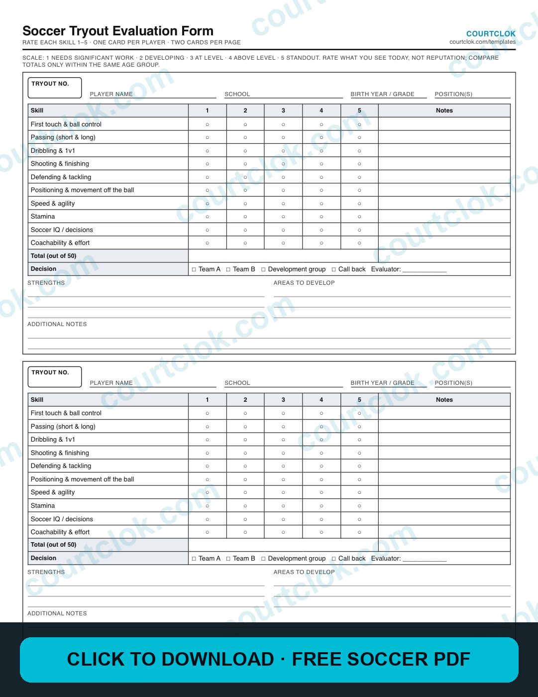 Soccer Tryout Evaluation Form (Free PDF) preview — click to download the free PDF