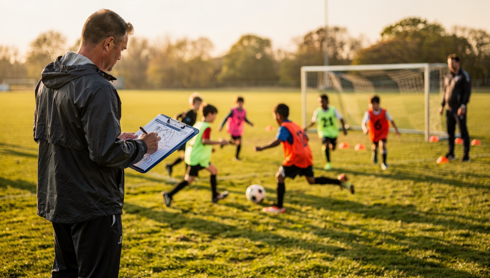 A coach with a clipboard watches kids in numbered bibs play a small-sided game at a youth soccer tryout
