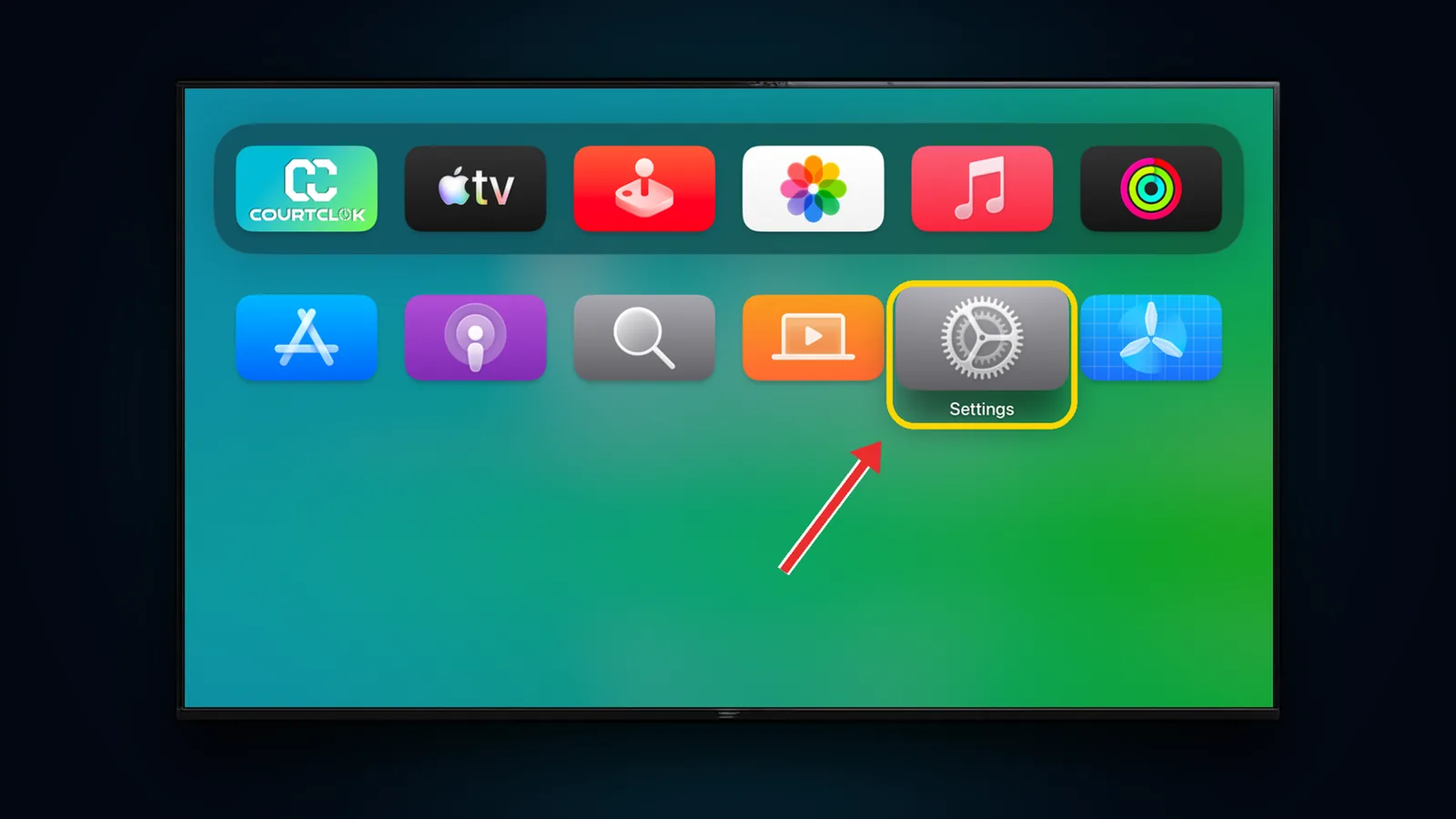 Apple TV home screen with Settings highlighted