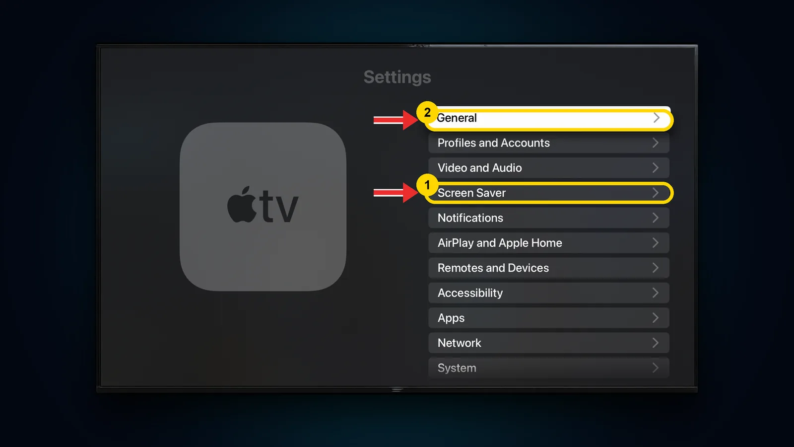 Apple TV Settings with Screen Saver and General highlighted