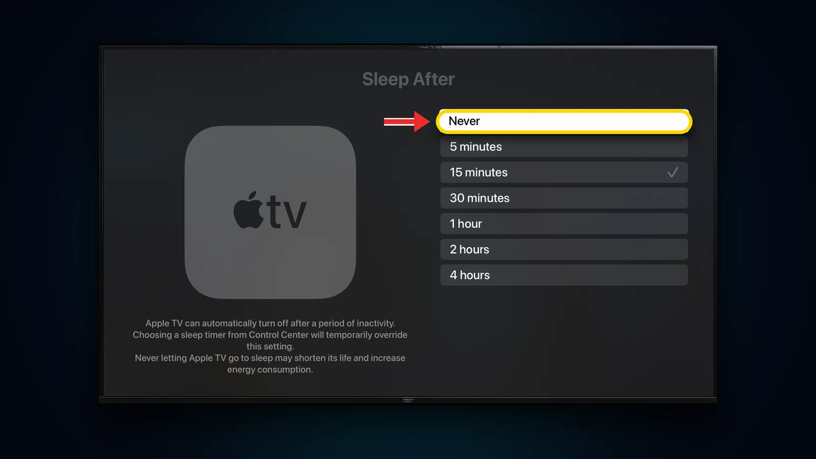 Apple TV Sleep After list with Never highlighted