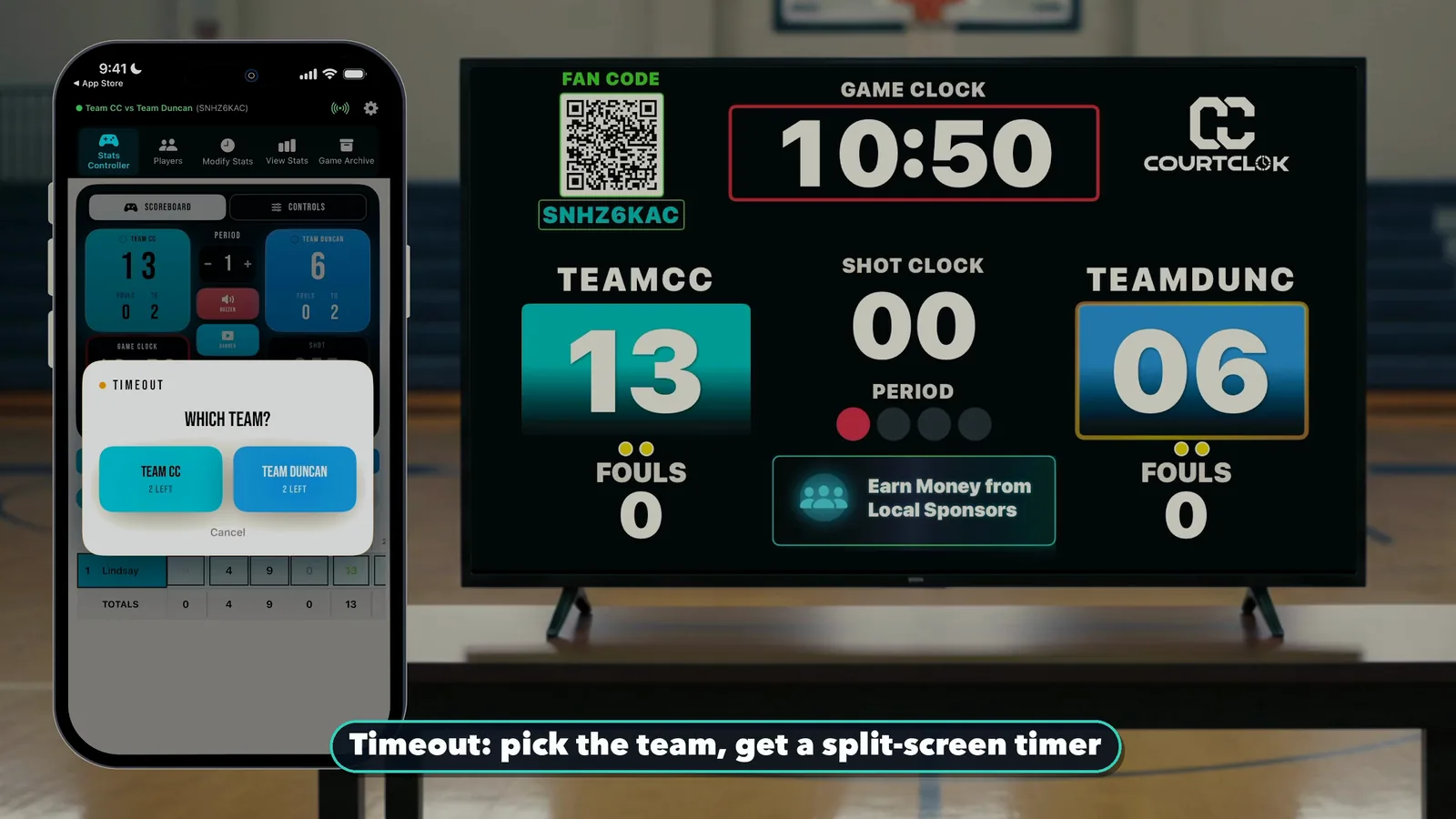 Basketball timeout on the TV scoreboard with a split screen countdown