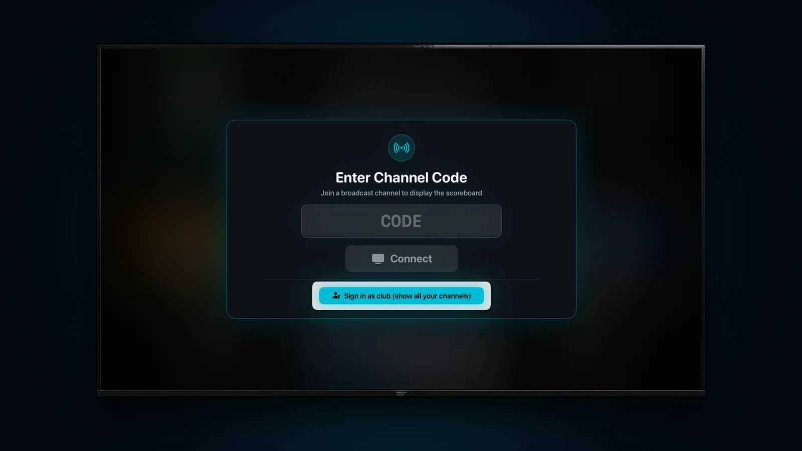 CourtClok Apple TV app on first open showing the Enter Channel Code screen
