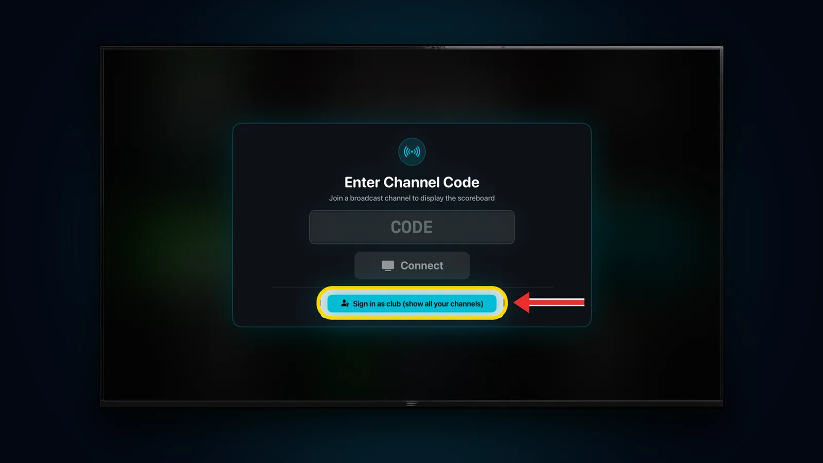 Apple TV Enter Channel Code screen with the Sign in as club button highlighted