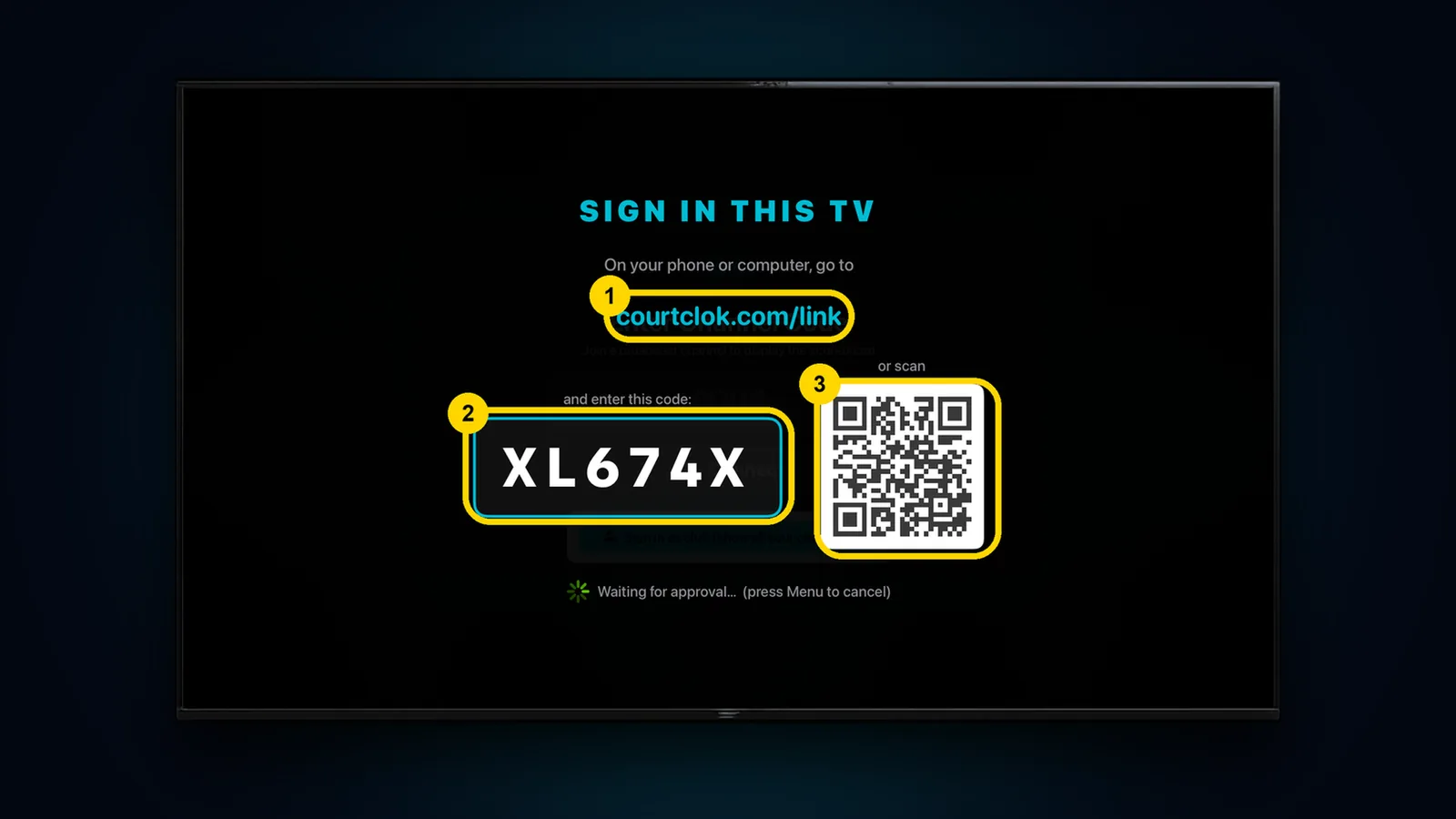Apple TV SIGN IN THIS TV screen with courtclok.com/link, code XL674X and a QR code