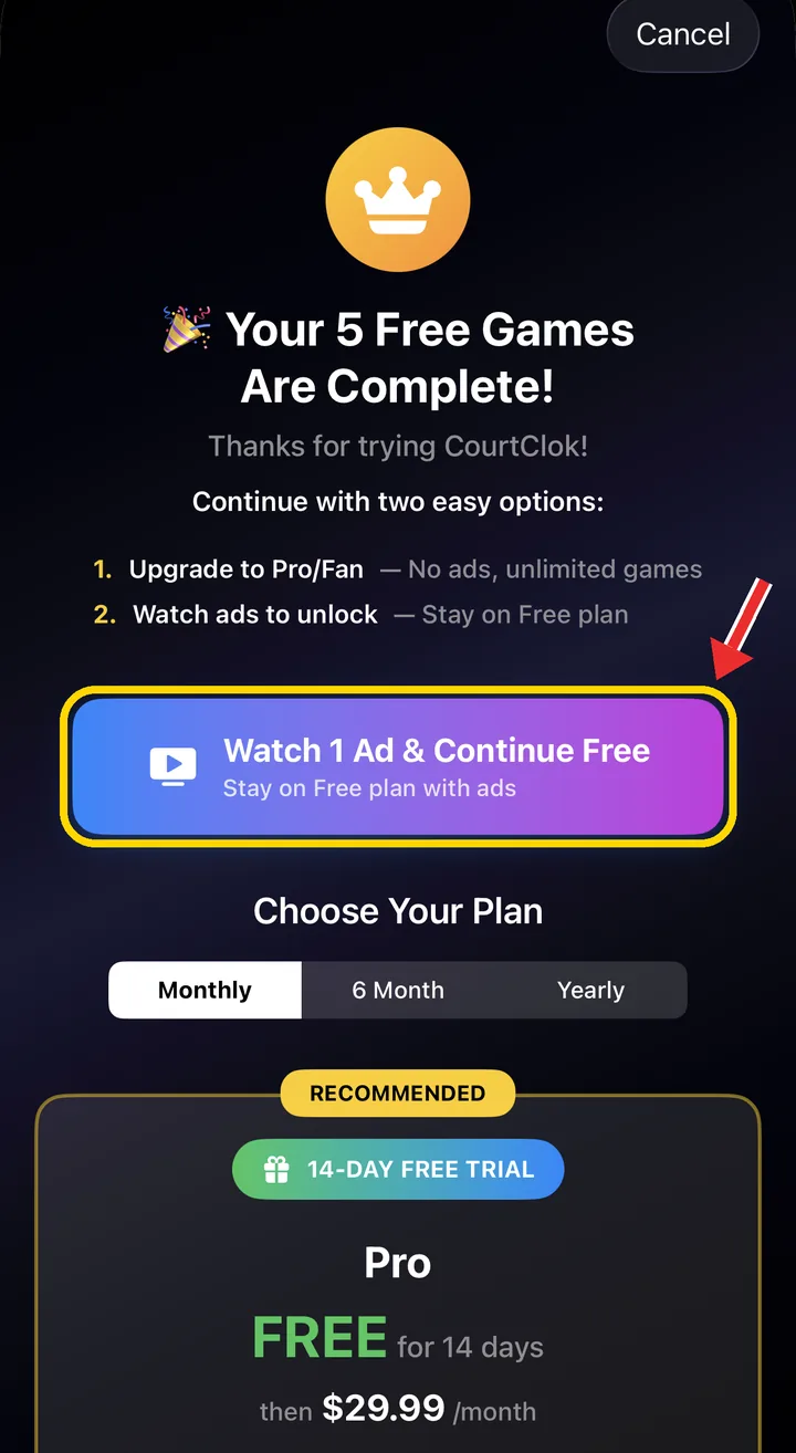 CourtClok screen after the 5 free games with Watch 1 Ad and Continue Free highlighted