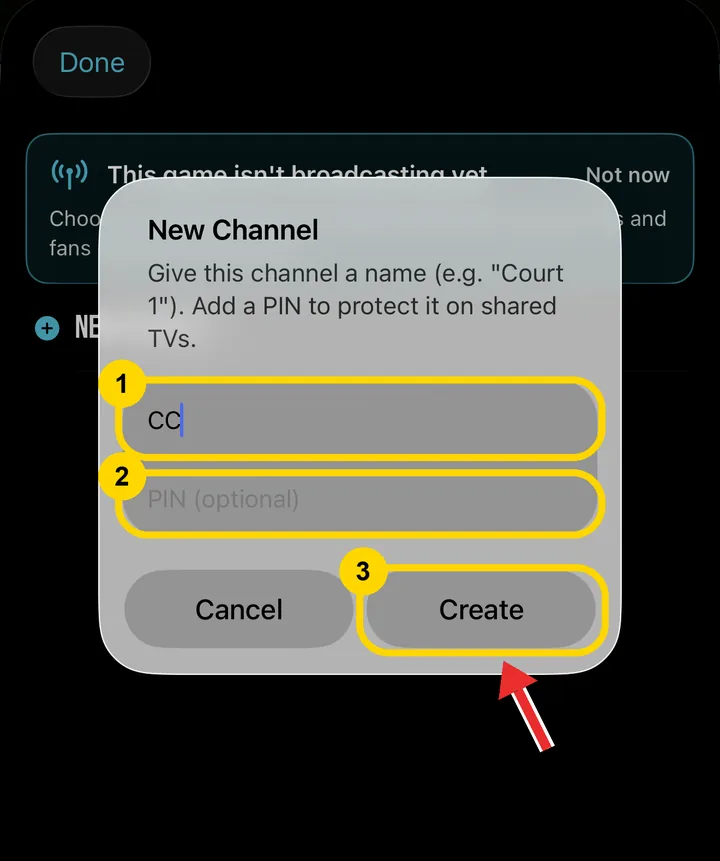 CourtClok New Channel dialog with channel name, PIN and Create highlighted