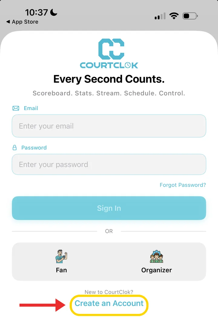 CourtClok sign-in screen with the Create an Account link highlighted