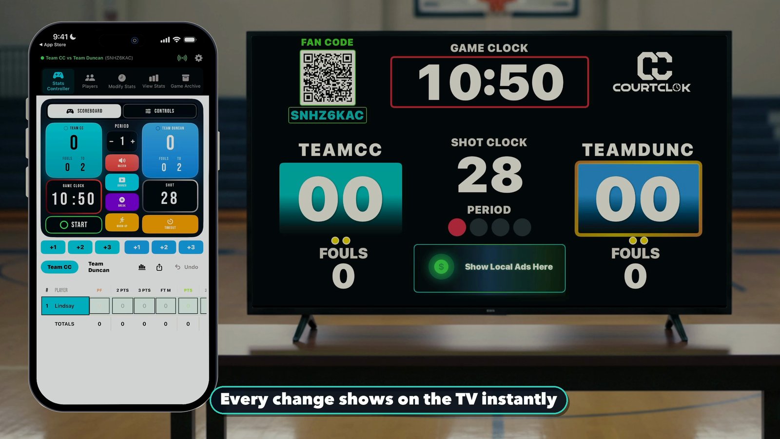 An iPhone running the CourtClok controller next to a gym TV showing the live basketball scoreboard