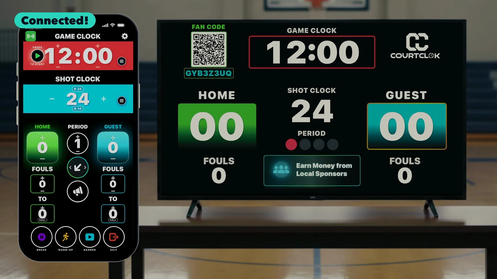 iPhone broadcasting to the subscribed TV, both showing the same scoreboard