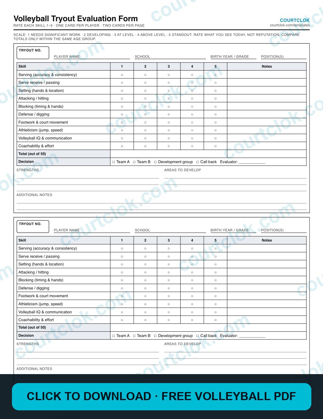 Volleyball Tryout Evaluation Form (Free PDF) preview — click to download the free PDF