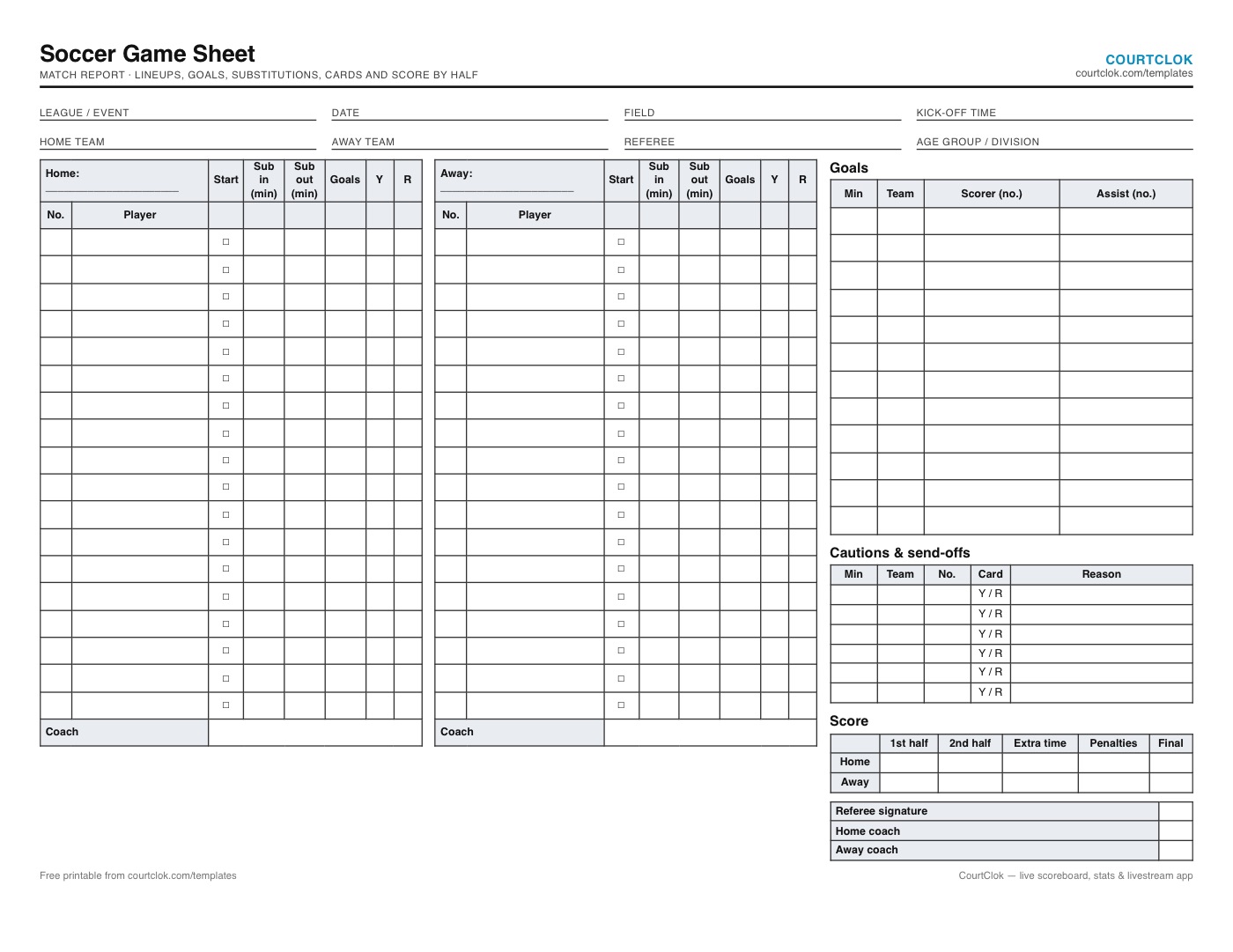 Blank soccer game sheet with home and away rosters, a goals log, cautions and send-offs, and the score by half